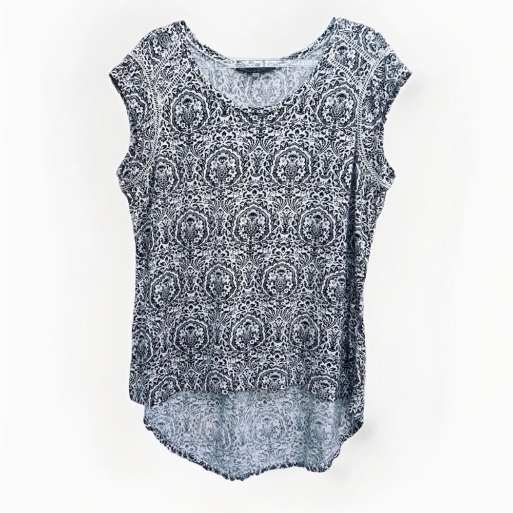 Rose & Olive Blouse Top Women L Black White Pineapple Print Tunic Hi Lo Hem